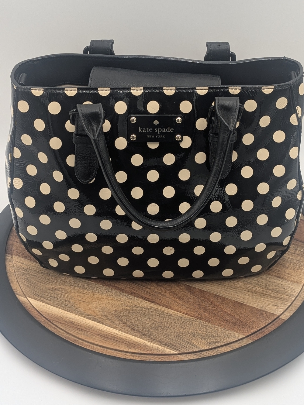 Kate Spade New York Black And Cream Polka Dot Patent Leather Tote Bag